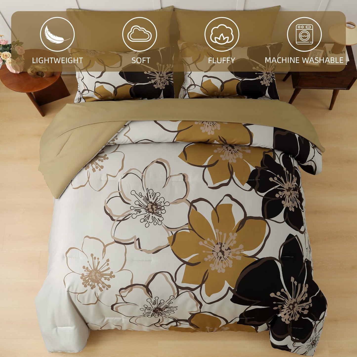 Anibedding 7 Pieces Floral Comforter Set Queen Size, Brown Black Flower Bedding Set Botanical Bed in a Bag Soft Microfiber Comforter Set with Sheets for All Season