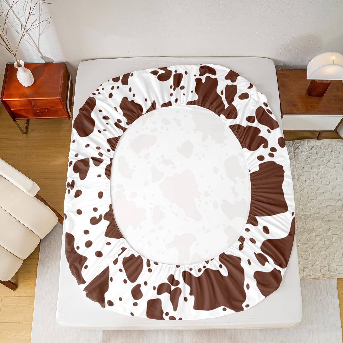Erosebridal Cow Fur Print Bed Sheets Queen Size White Brown Cowhide Sheet Set 4Pcs for Kids Boys Room Decor Animal Skin Print Flat Sheet Farmhouse Cow Print Fitted Sheet with 2 Pillowcases