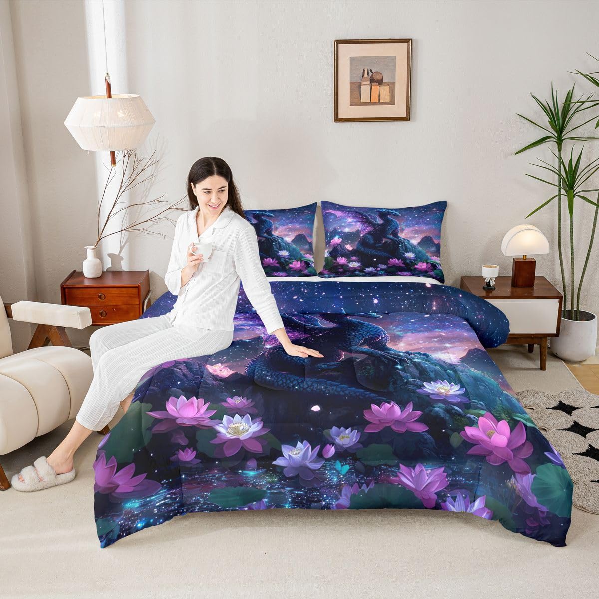 Feelyou Dragon Kids Comforter Set Twin Size Dragon Stuff Bedding Set Wild Life Duvet Quilt for Kids Boys Girls Bedroom Magic Wildlife Decor Blue Purply Ultra Soft Breathable