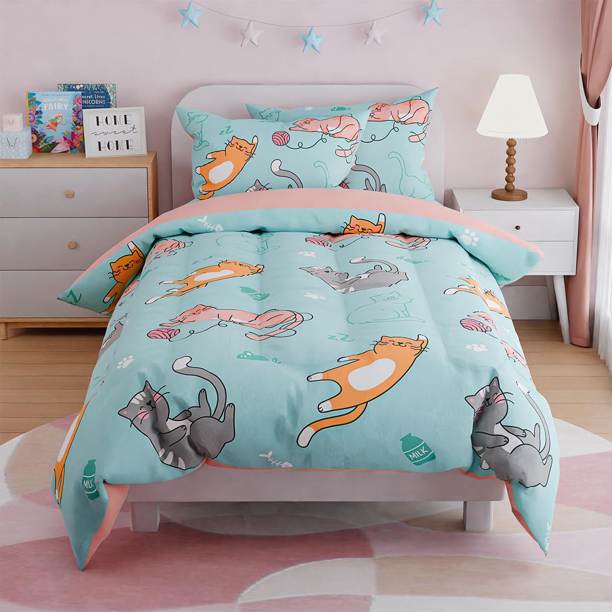 SANDJEST Cat Comforter Set Twin for Girls, Ultra Soft Microfiber Bedding Sets with 3-Pieces, Cats Comforters Bed Sets for Kids Children Girl Bedroom Decor
