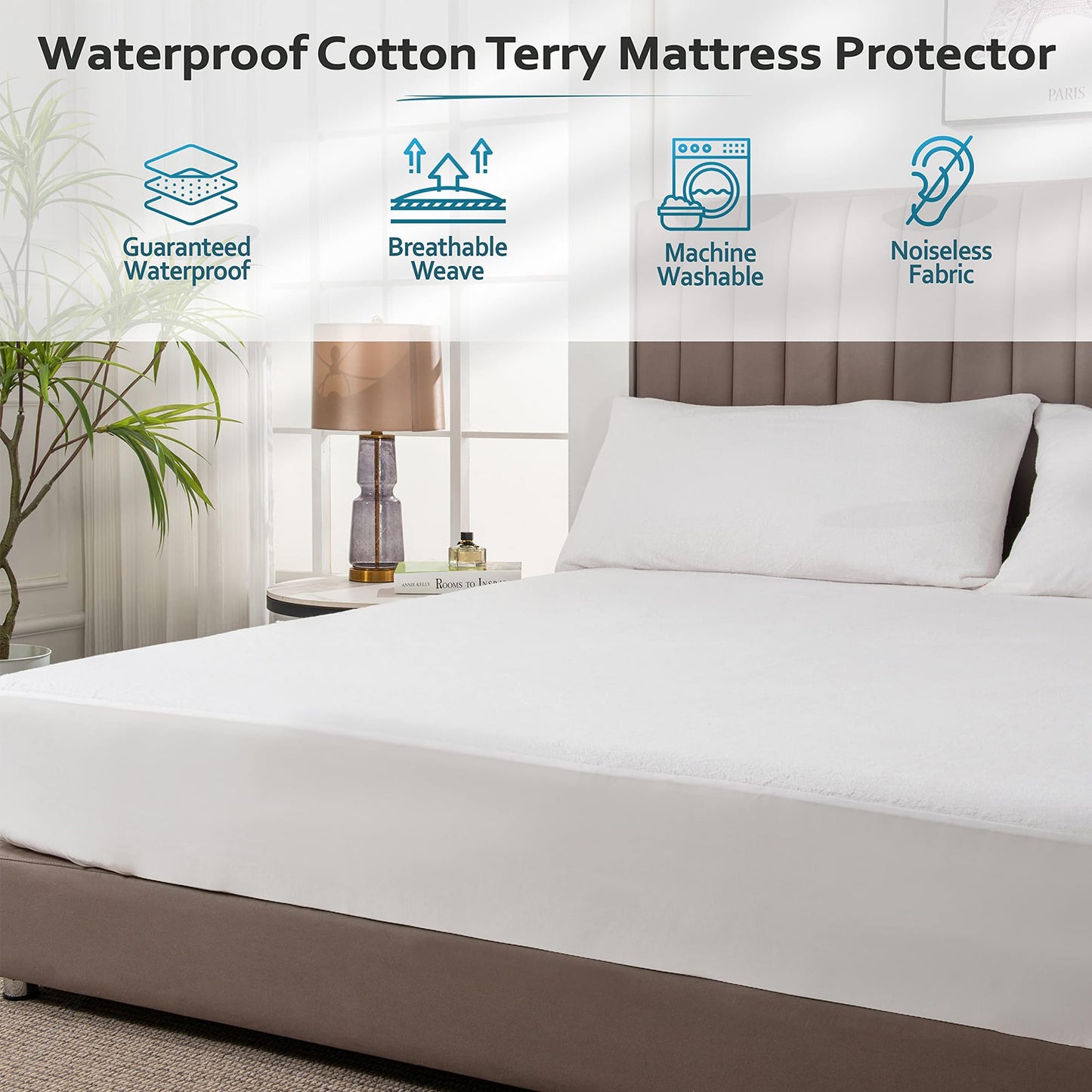PlushDeluxe King Mattress Protector, Breathable Soft Terry Cotton Fitted Sheet Bed Cover with Deep Stretchable Pockets, 100% Waterproof, Noiseless, Hypoallergenic, Dust Mite Proof, 76"x80"x15"