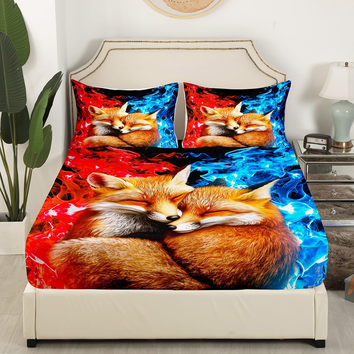 Erosebridal Cute Fox Flat Fitted Sheet Wild Animals Bed Set for Boys,Abstract Art Smoking Bed Sheets Set, Red Blue Bedding Sets Full for Kids Children Home Decor, with 2 Pillow Cases