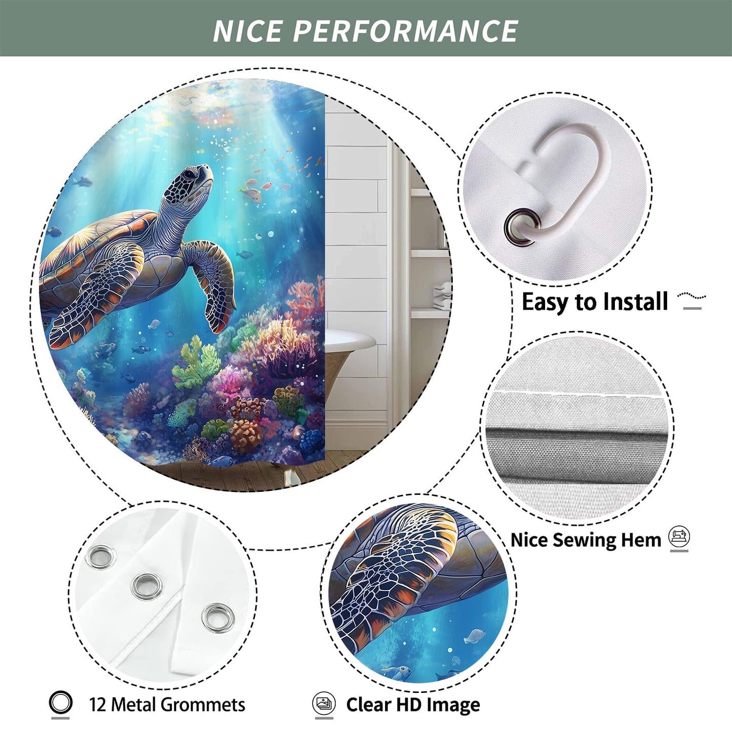 iTapnoom Sea Turtle Shower Curtain，Ocean Tropical Fish Coral Marine Life Teal Blue Shower Curtain Set for Bathroom Decor, Washable Waterproof Fabric with 12 Hooks Accessories, 72x72 inche