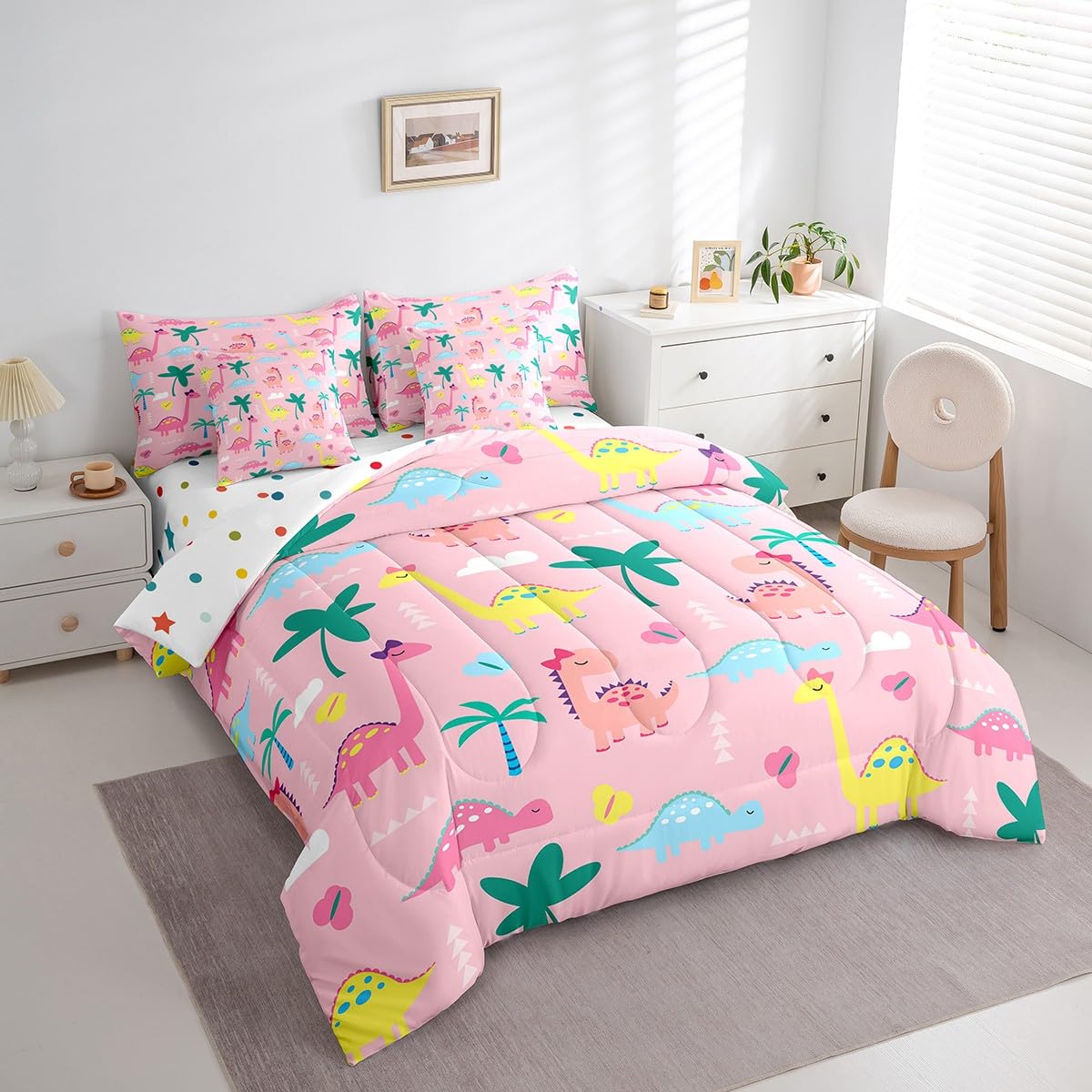 Erosebridal Pink Dinosaur Twin Size Comforter Set with Sheets | Kawaii Palm Leaves Botanical Eucalyptus 7-Piece Bedding Set Jungle Safari Cute Animals Bed in a Bag Colorful Butterfly Bed Quilt Sets