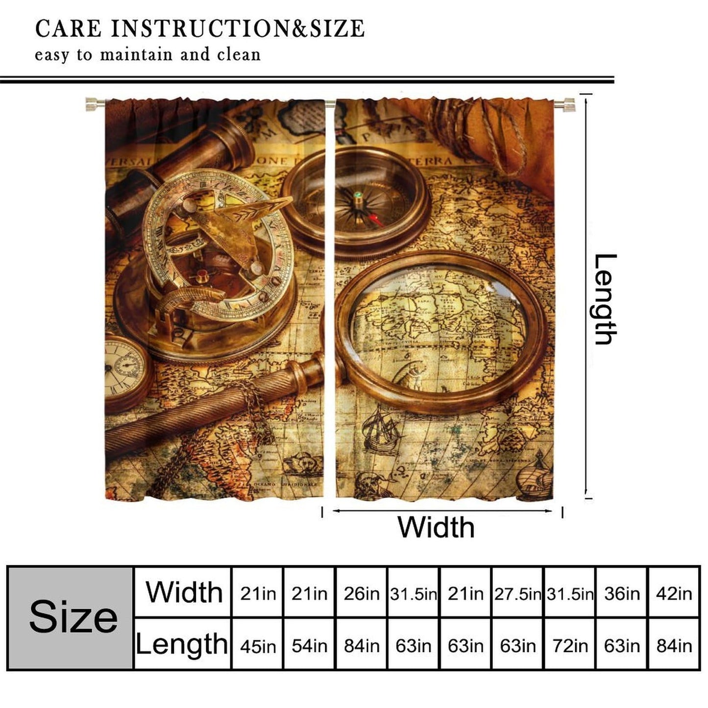 wlsgdsg Retro Map Curtains for Kids Retro Rural Medieval Old Nautical Treasure Map Compass Pattern Window Treatments for Boys Teen Bedroom Living Room 42x44.5In（No Blackout）