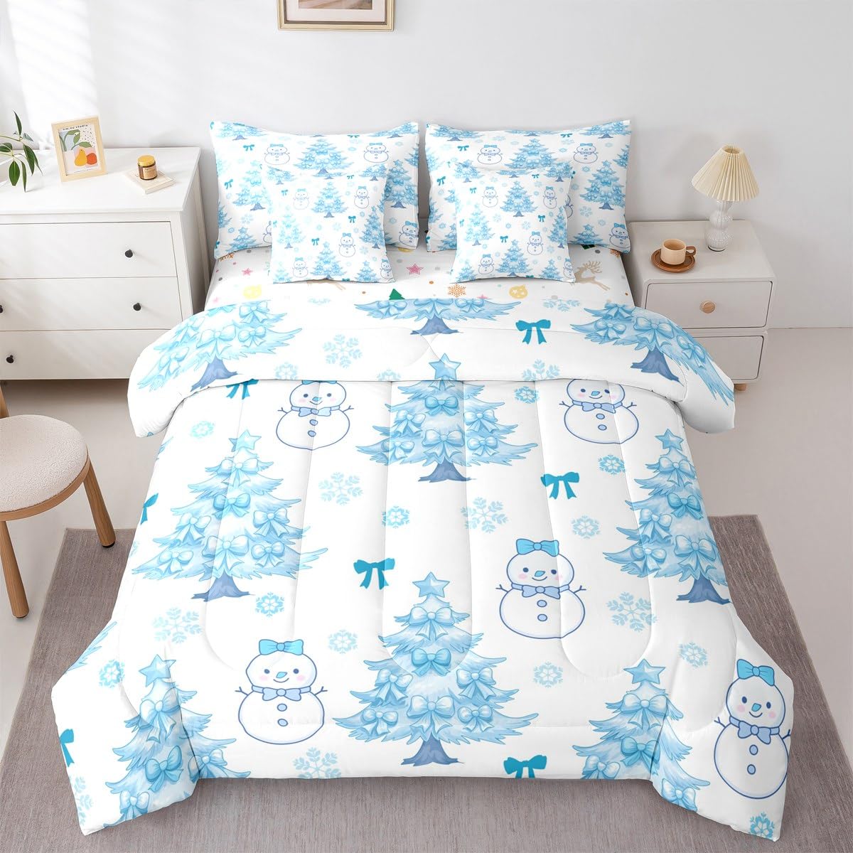 Feelyou Merry Christmas Twin Comforter Set with Sheets for Kids Boys Girls Cute Snowman 7 Pieces Bedding Set Cartoon Bowknot Bed in a Bag Christmas Tree Room Decor Soft