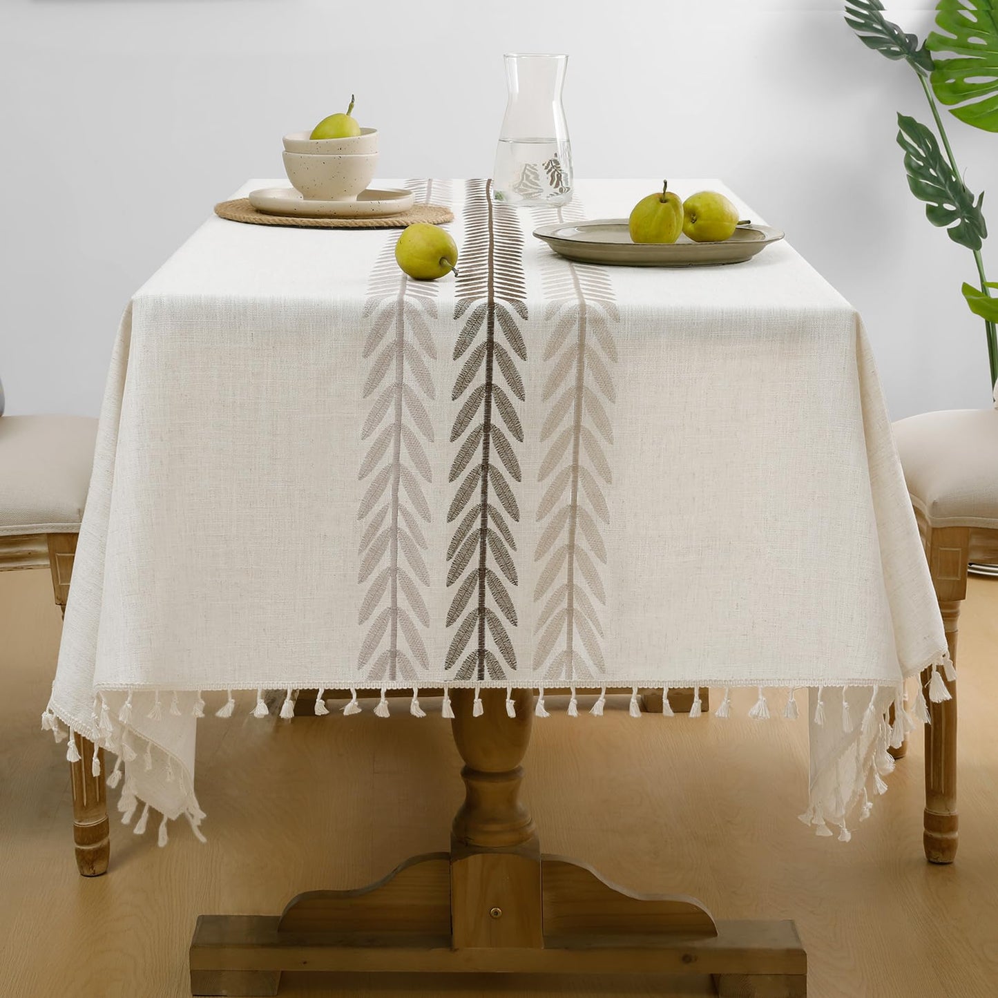 Softalker Outdoor Linen Tablecloth Rectangle, Waterproof Cotton Boho Farmhouse Table Cloths with Tassel, Heavy Weight Wrinkle Free Table Cover for Picnic Camping Dining - 55 x 84 Inch, Wine Leaf