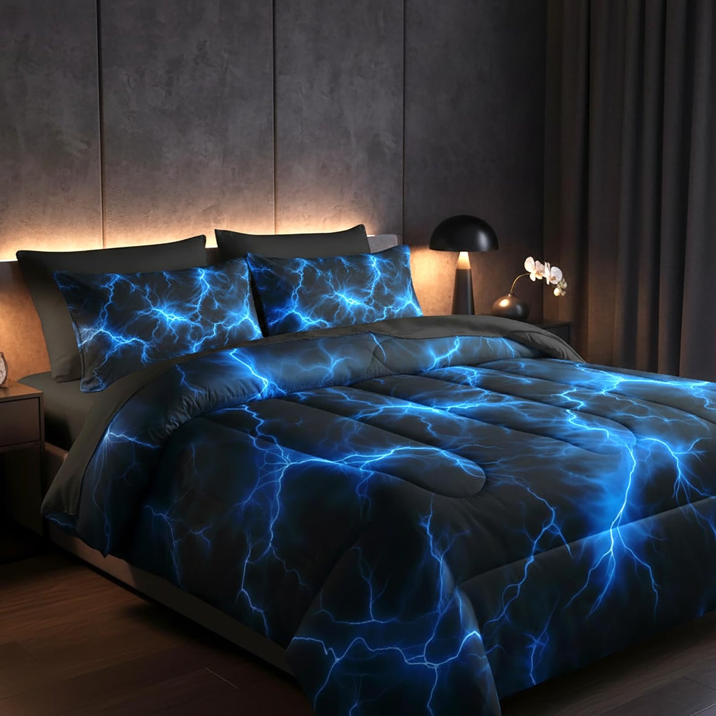 QOOMO Blue Lightning 7 Pieces Comforter Set Queen Size,Lightning Bedding Set for Kids-Include 1 Comforter,1 Fitted Sheet,1 Flat Sheet,2 Printing Pillowcases and 2 Black Pillowcases