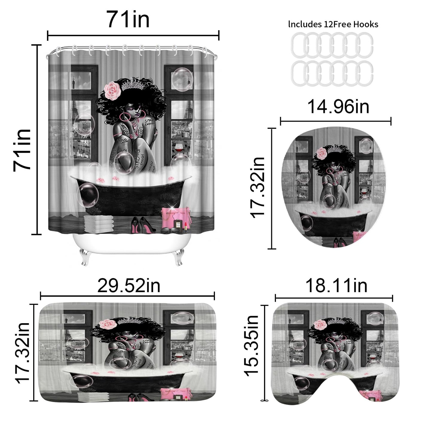 KOKGYM 4Pcs African American Shower Curtain Sets with Rugs, Black Girl Shower Curtain for Bathroom Decor Sets with Paris Eiffel Tower Art Pattern, Grey Waterproof juego de baño, with 12 PCS Hooks
