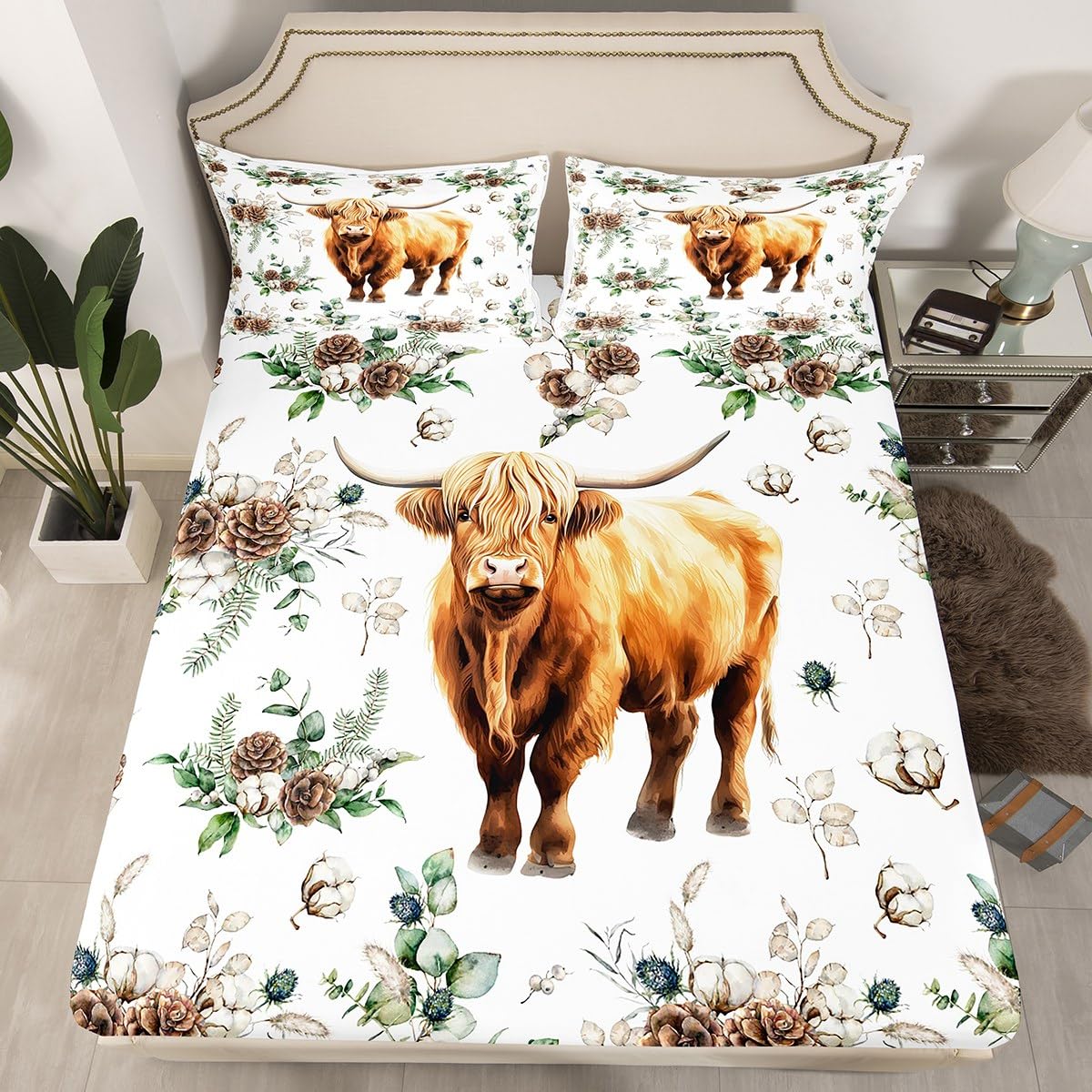 Cute Highland Cow Bed Sheet Set for Kids,Rustic Style Pinecone Fruits Sheets Set,Farmhouse Theme Cattle Animal Home Decor Sheet Sets with Deep Pocket,Top Sheet,1 Pillow Case,Twin