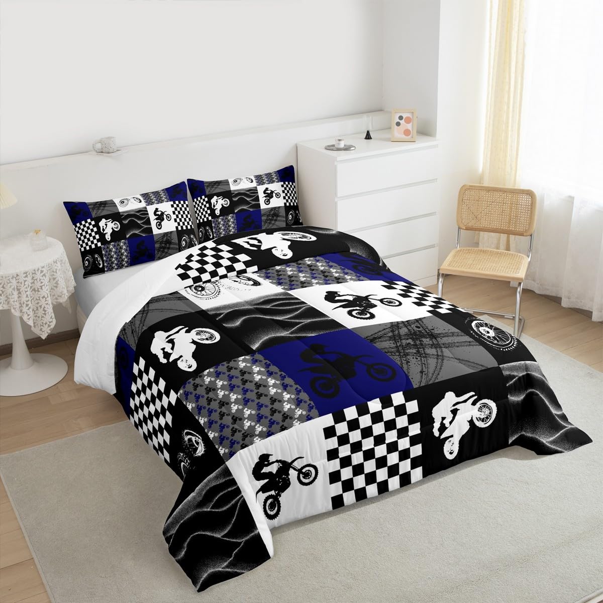 Dirt Bike Comforter Set, Motocross Rider Bedding Comforter Sets King, Motorcycle Grunge Down Comforter for Kids Boys Adult Men, Motorbike Extreme Sport Game Comforter, Buffalo Plaid, Blue Grey Black