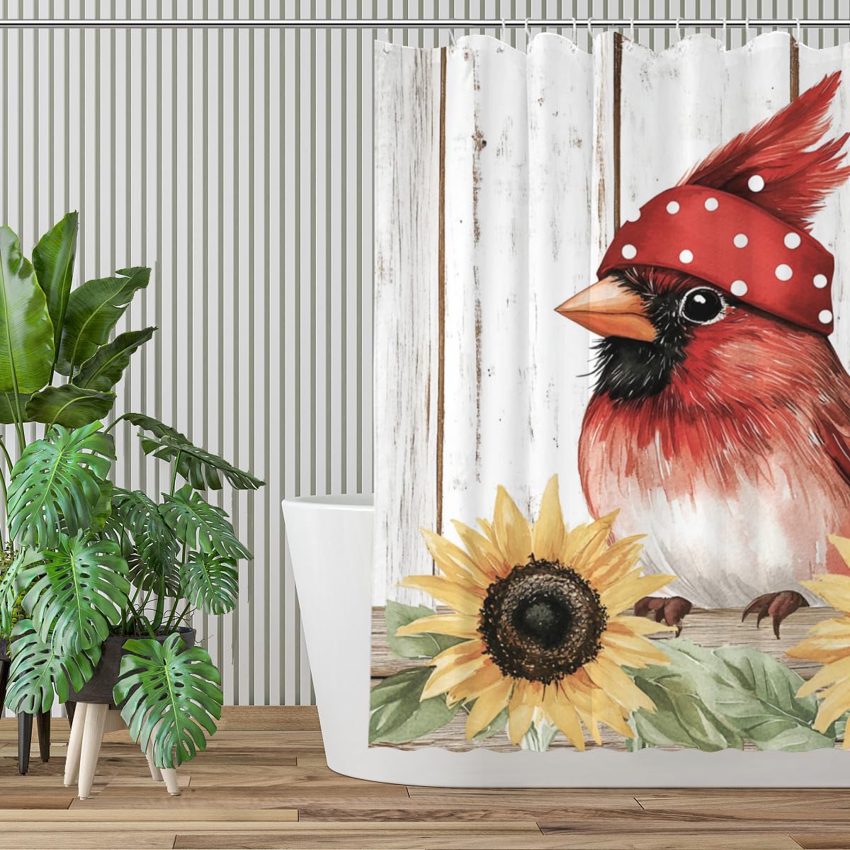 KEEPAEON Summer Sunflower Red Cardinal Shower Curtain for Bathroom Floal Farmhouse Country Shower Curtain Flowers for Bathtub Decor with 12 Hooks 72"x72"