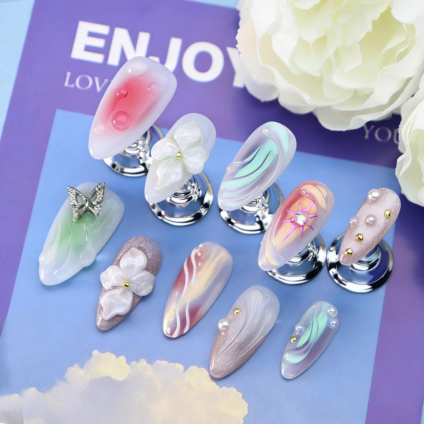 3D Floral Press on Nails Medium Almond Fake Nails Pure Handcrafted Nail Aurora Ombre Nail Press ons with Butterfly Design Stick on Nail for Women Spring Manicure(L)