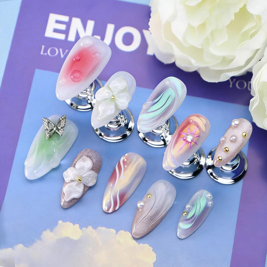 3D Floral Press on Nails Medium Almond Fake Nails Pure Handcrafted Nail Aurora Ombre Nail Press ons with Butterfly Design Stick on Nail for Women Spring Manicure(L)