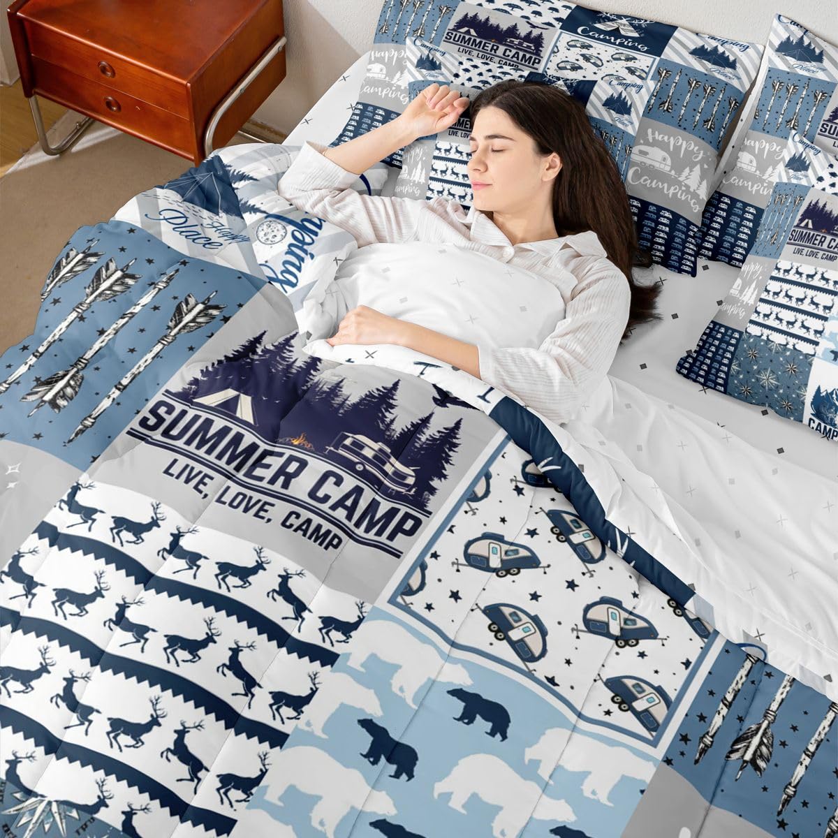Erosebridal Happy Camping 7 Piece Bedding Set Full Camper Comforter Set with Sheets Rustic Farmhouse Style Bed in A Bag Camping Car Bed Sets with 2 Pillowcases, 2 Throw Pillow Covers