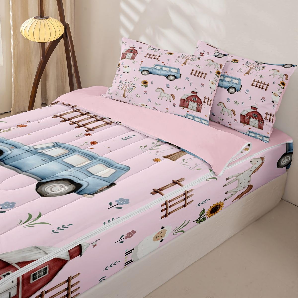 Erosebridal Farm Animal Kids Zipper Bedding Set Twin Cartoon Tractor Zip Up Comforter Set with Sheets Rustic Barn Door Bed in a Bag Farmhouse Horse Sheep Cow Cartoon Animals Sunflower Floral Bed Sets