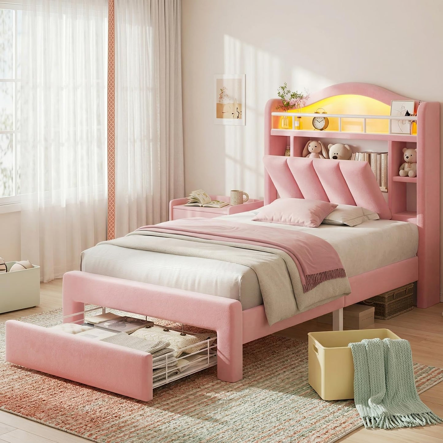 Pink Twin Size LED Bed Frame with Storage Headboard, Upholstered Velvet Princess Bed for Girls with 5 Charging Ports (USB-C & AC), Hidden Privacy Compartment, Sturdy Aluminum Frame & 1 Silent Drawers
