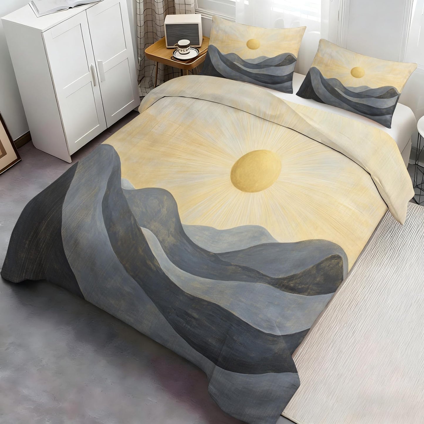 PAISUOQ Mountains Duvet Cover Full Size, Abstract Mountains Bedding, 3 Piece, Soft Microfiber Patterned Comforter Cover with Zipper Ties & 2 Pillowcase, Nature Drawing Bedroom Decor & Gifts