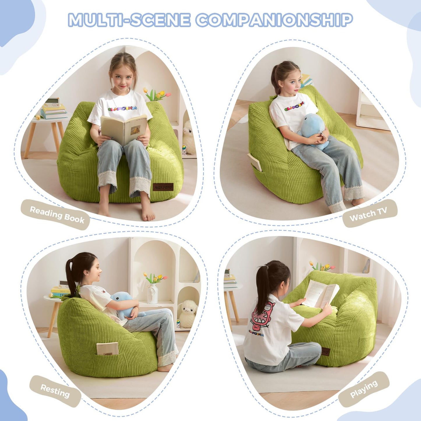 MAXYOYO Kids Bean Bag Chair, Bean Bag Couch with Handle, Comfy Toddler Chair for Boys and Girls, Accent Sofa Chair with Pocket for Gaming Reading Relaxing, Green