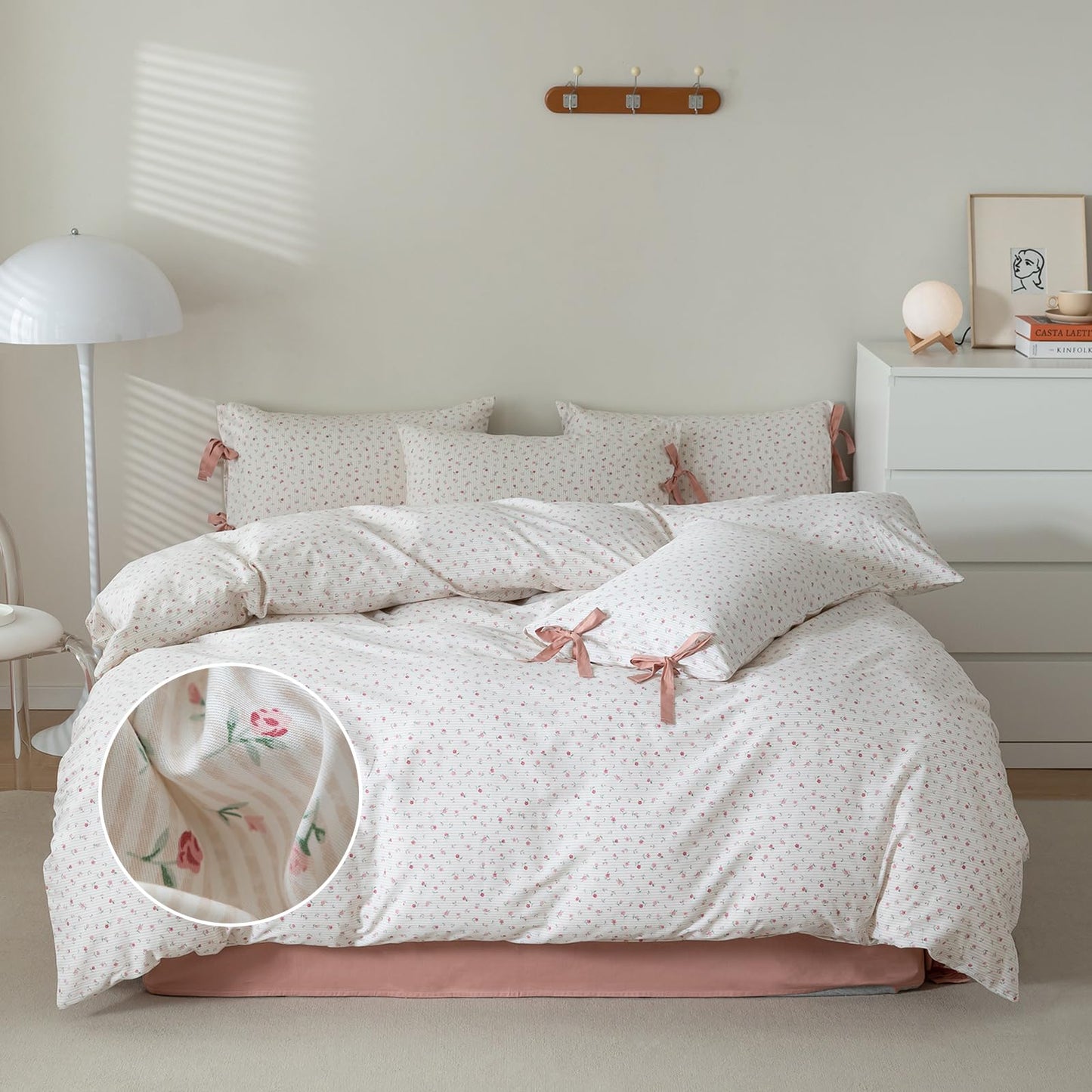 mixinni Soft Aesthetic Floral Print White Duvet Cover Pink Rose Pattern Girls Striped Bedding 1 Duvet Cover 2 Bow Tie Pillowcases Twin Size 100% Cotton with Zipper Ties for Teenage Girls