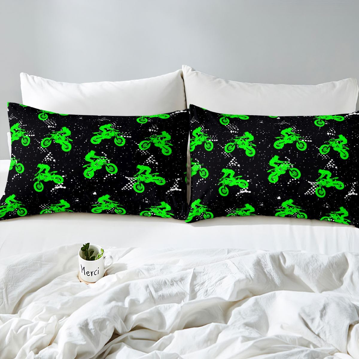 Feelyou Boys Dirt Bike Bedding Sheets Cool Sports Bed Sheet Set for Kids Boys Motocross Rider Bedding Fitted Sheet Fluorescent Green Bike Bed Cover 1 Bed Sheet Set with 2 Pillowcases Full Size