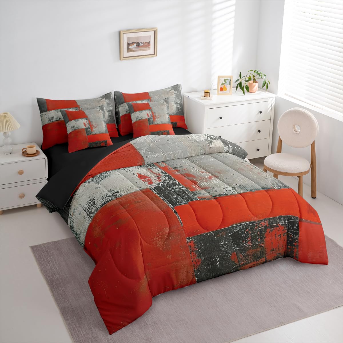 Feelyou Abstract King Comforter Set with Sheets for Kids Boys Girls Modern Abstract Art 7 Pieces Bedding Set Luxury Bed in a Bag Geometric Room Decor Red Gray Soft Lightweight Microfiber