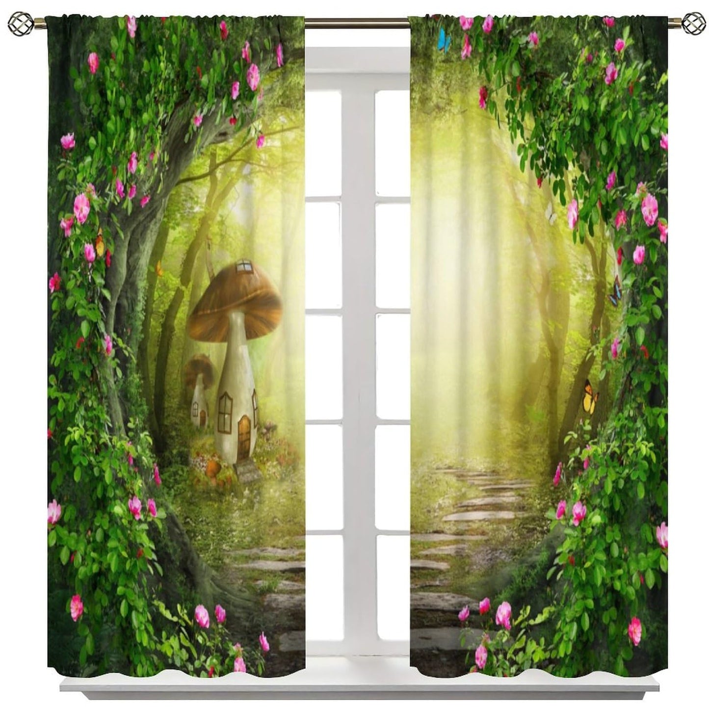Enchanted Woodland Curtain, Fantasy Fairy Tale Butterfly Tree Mushroom Jungle Rainforest Nature Scenery Window Drapes for Kids Bedroom Living Room 42" W X 45" L(30% Blackout)