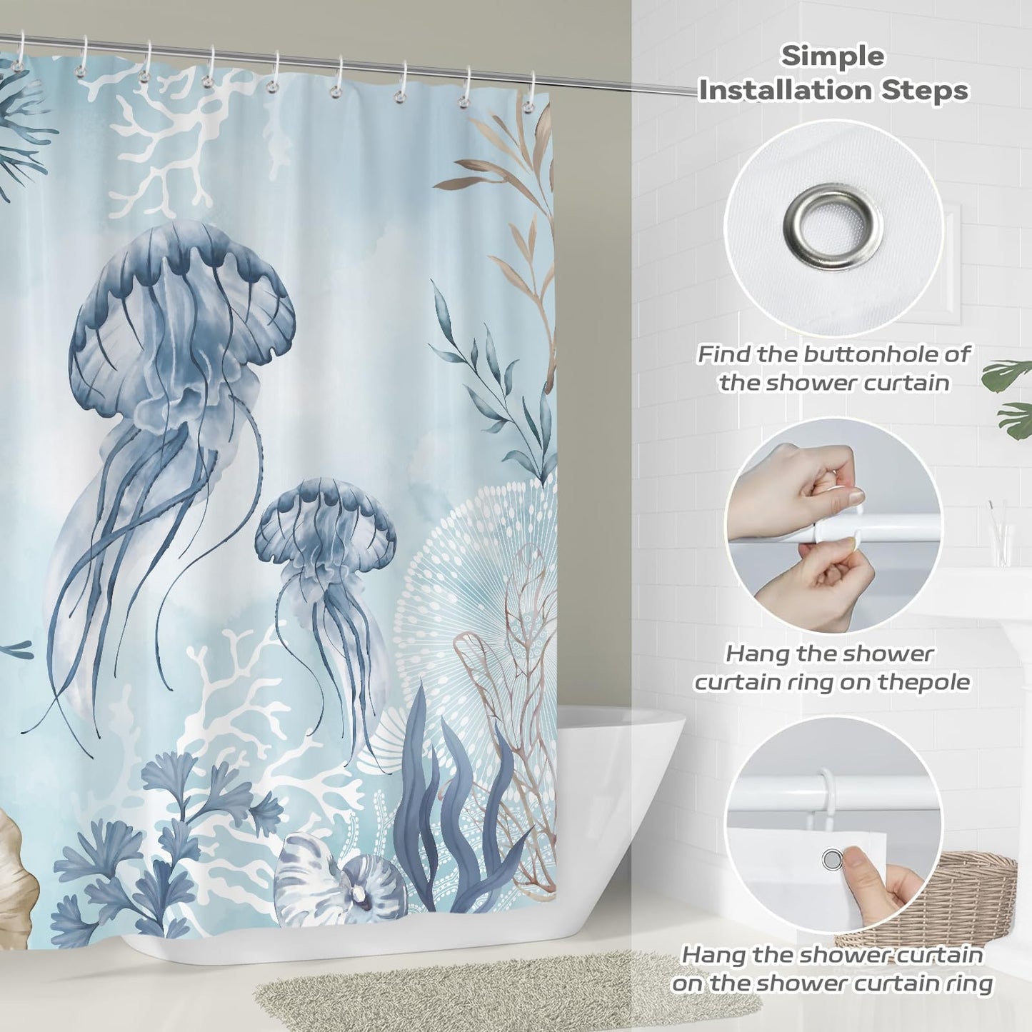 Hopomoon Jellyfish Shower Curtain,Teal Blue Coastal Shells Watercolor Ocean Theme Bathroom Curtain 72x72 Inch,Waterproof Polyester Fabric Summer Bathroom Decor with 12 Hooks