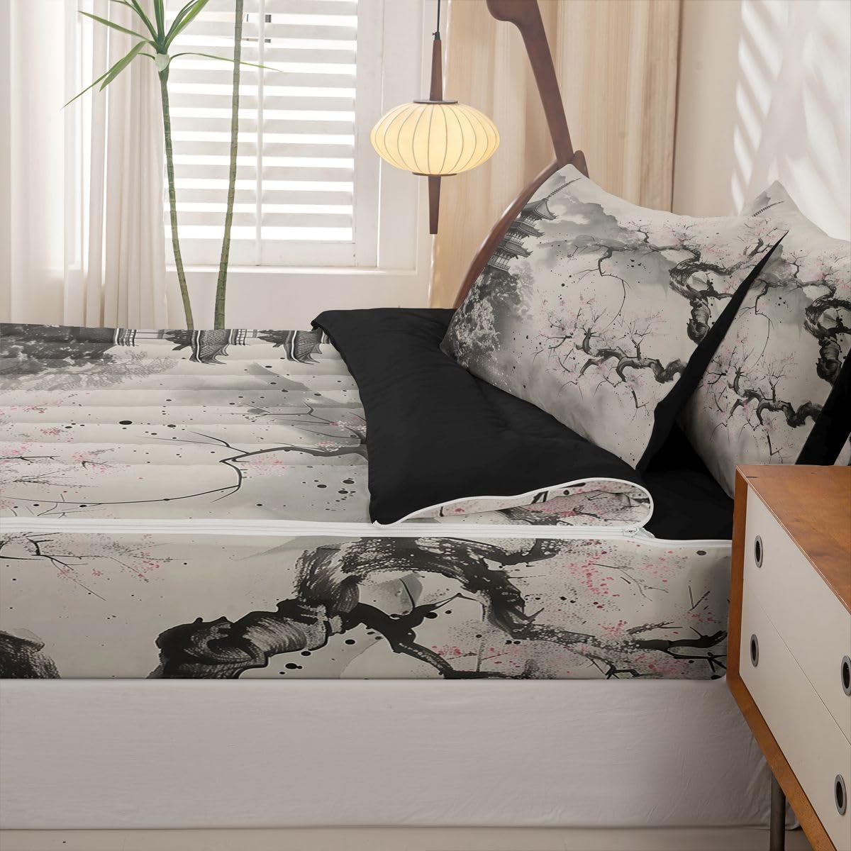 Erosebridal Grey Japanese Kids Comforter Set Full Ink Painting Style Cherry Blossom Zipper Bedding Sets for Boys Girls Teen Mountain Pavilions 3 Pcs Bed in a Bag Set Vintage Aesthetic Zip Up Bedding
