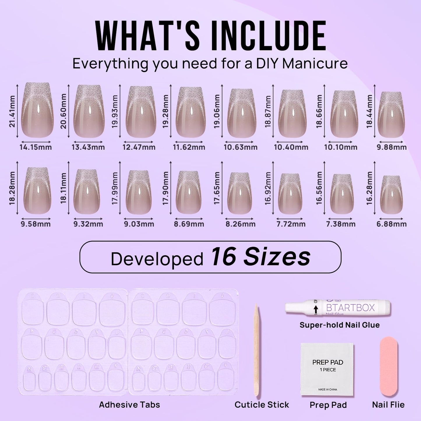 BTArtbox Press On Nails Short - Cat Eye French Tip Press On Nails Coffin, Light Weight & Fit Perfectly Nail Tips, Natural Fake Nail with Glue, Glue On Nails in 16 Sizes - 32 Nail Kit, Milky Way