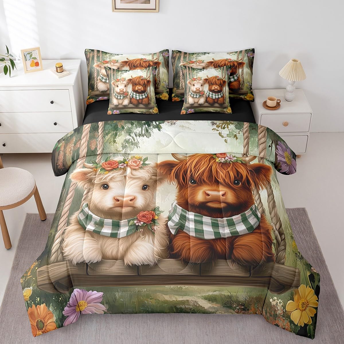 Erosebridal 7Pcs Highland Cow Kids Bedding Set for Boys,King Size Comforter Set with Sheets and Pillowcase,7Pcs Bed in a Bag,Western Cow Children Bed Set, Farmhouse Animal Comforter