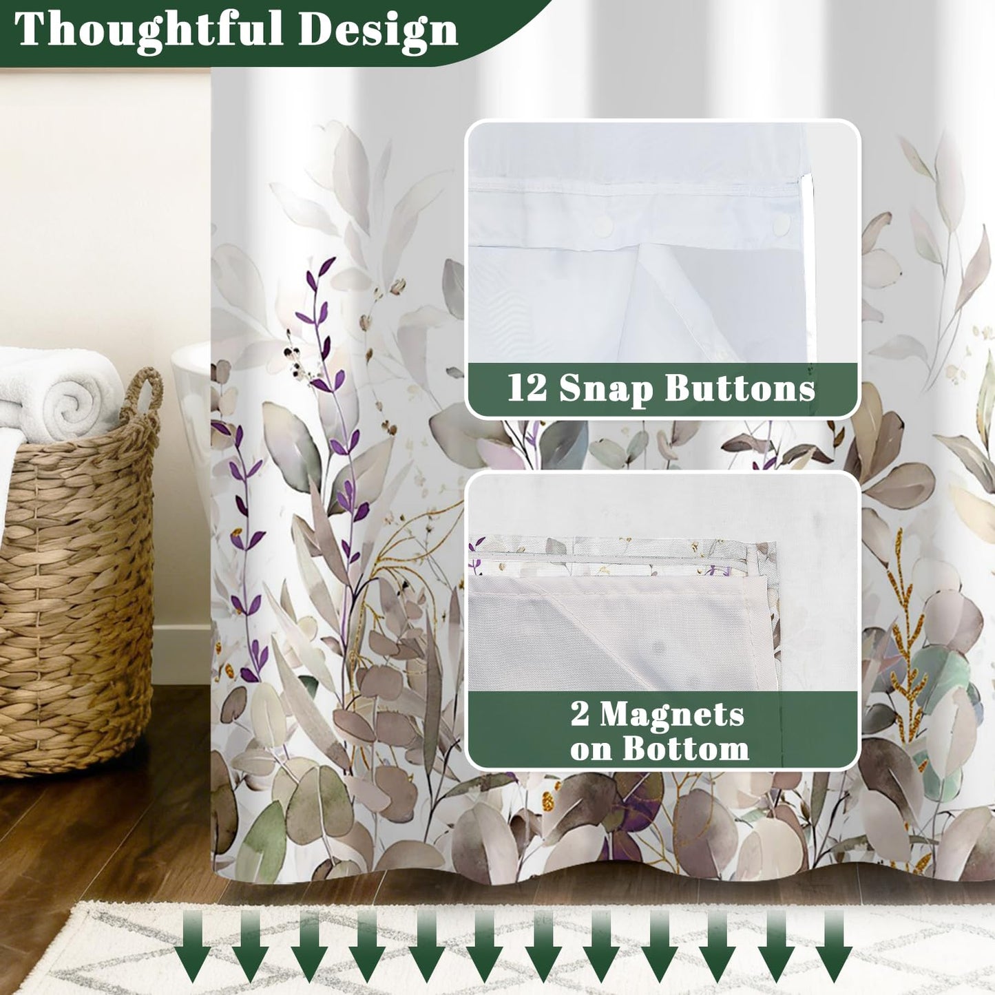 Xiazhilaio Watercolor Botanical Leaf Shower Curtain with Snap in Liner - Waterproof Double Layer Bath Curtain with Mesh Top Window for Airflow, Boho Farmhouse Eucalyptus Bathroom Curtain, 71″W x 74″L