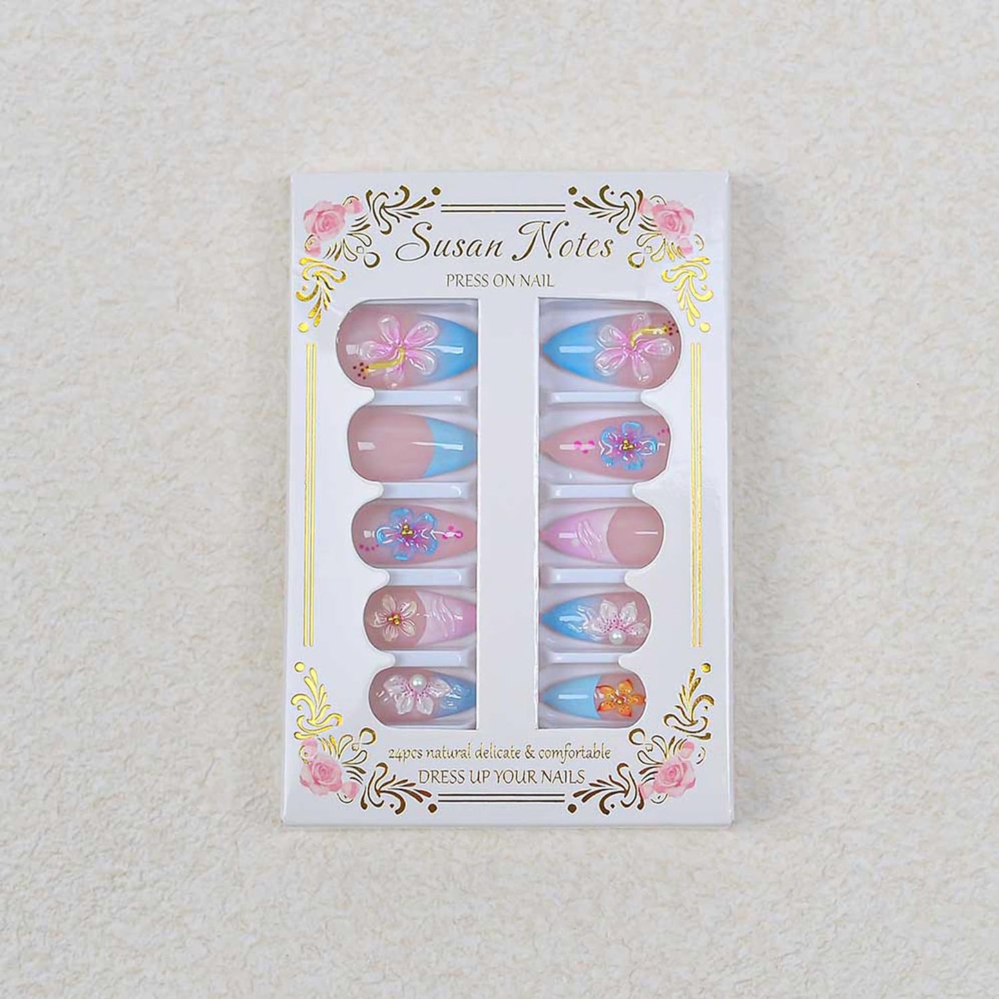 24Pcs Spring Flower Press on Nails Medium Blue French Tip Fake Nails with 3D Floral & Pearl Cute Flower Acrylic Nails Gradient French False Nail Almond-Shaped Full Cover Stick on Nails for Women