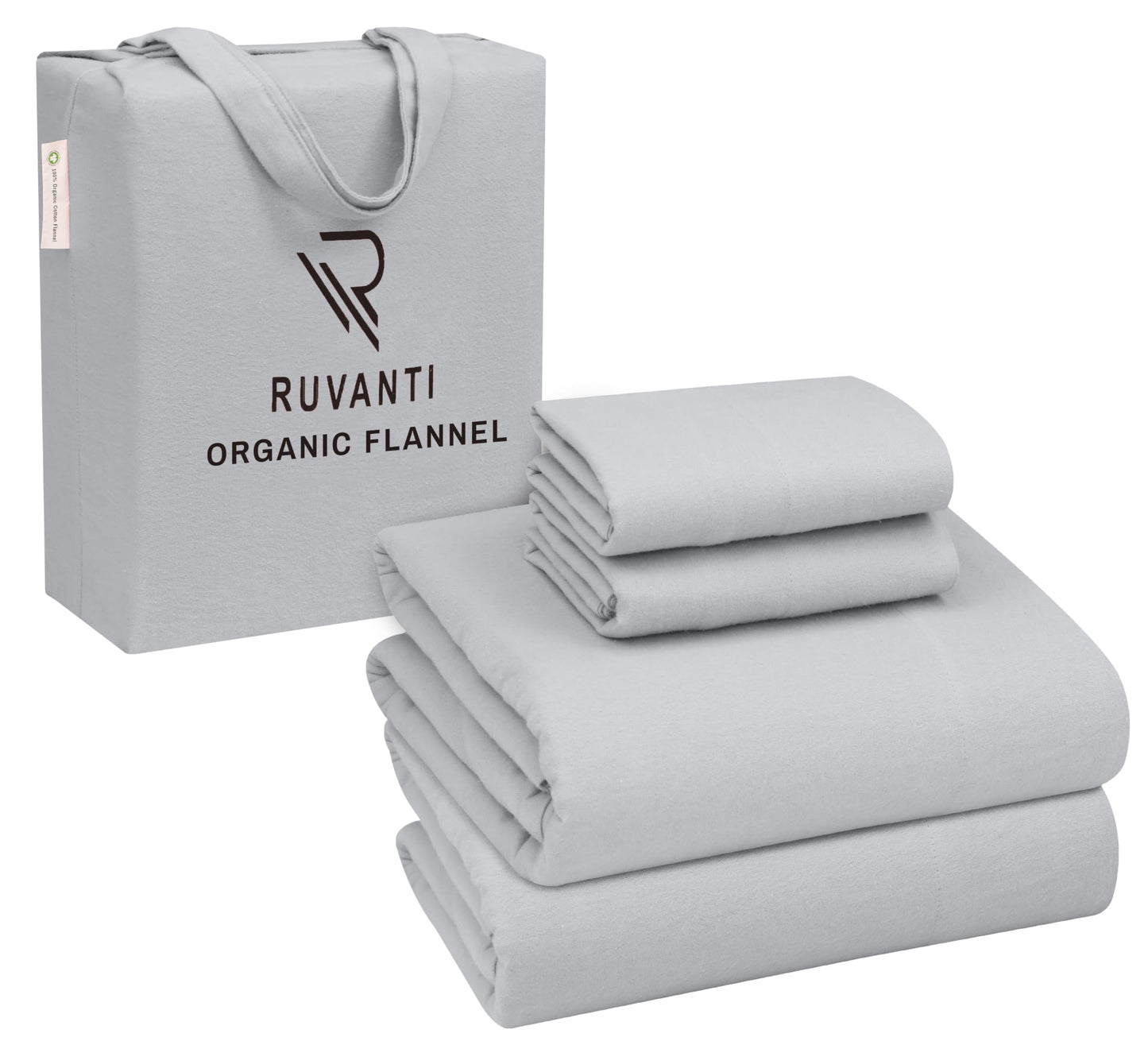 RUVANTI Flannel Sheets Queen Size - GOTS Certified 100% Organic Cotton, 4 Piece Warm, Soft & Breathable Set, Deep Pocket Snug Fit, Double Brushed Cozy All Season Bedding, Light Grey