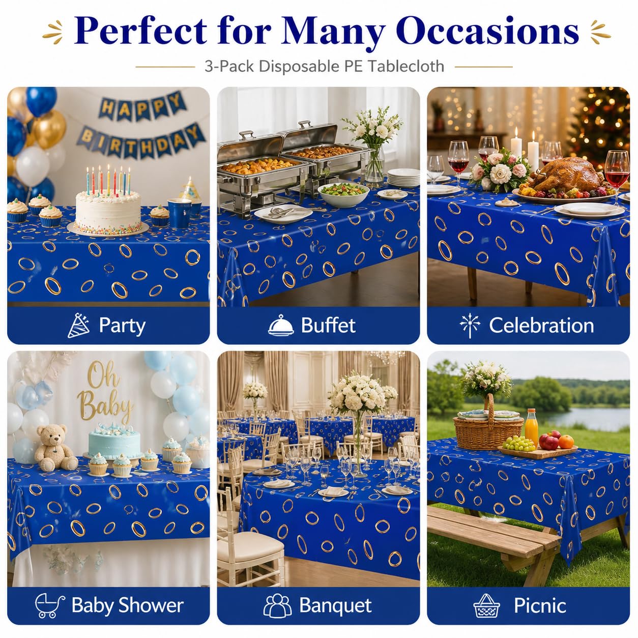 ANLLECR 3Pcs 108 x 54 Inches Blue with Gold Ring Print Tablecloth，Blue Disposable Rectangle Plastic Table Cover for Boys Girls Birthday Party Decoration