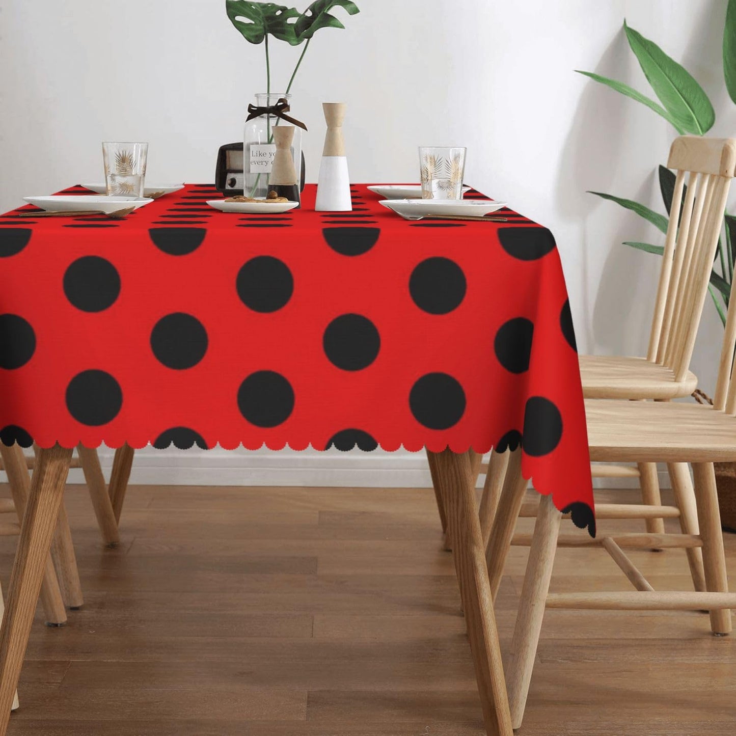 GOUROISE Ladybug Red Rectangular Tablecloth, Red Black Spots 54x72 Inch Wavy Lace Border Polyester Table Cloth for Dining, Kitchen, Parties