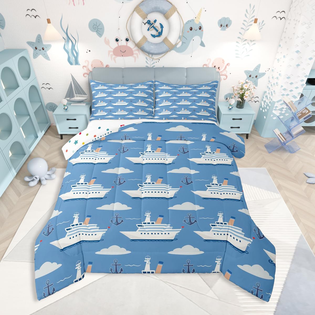 Erosebridal Boys Nautical Sailboat Bedding Set Full, Ocean Ship Comforter Set, Boat Anchor Comforter, White Cloud Blue Sky Nautical Quilt for Kids Teens Youth Men Bedroom, 3 Piece