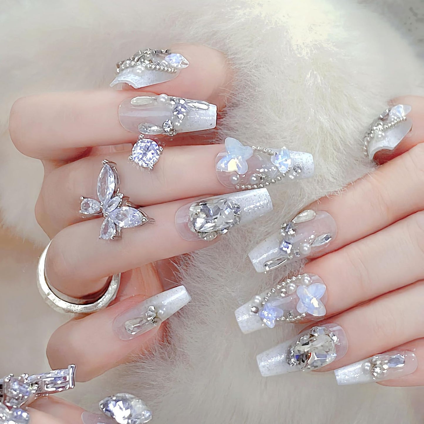 MISUD Press on Nails - Long Coffin Fake Nails with White Rhinestone, Acrylic Handmade Design 24 pcs