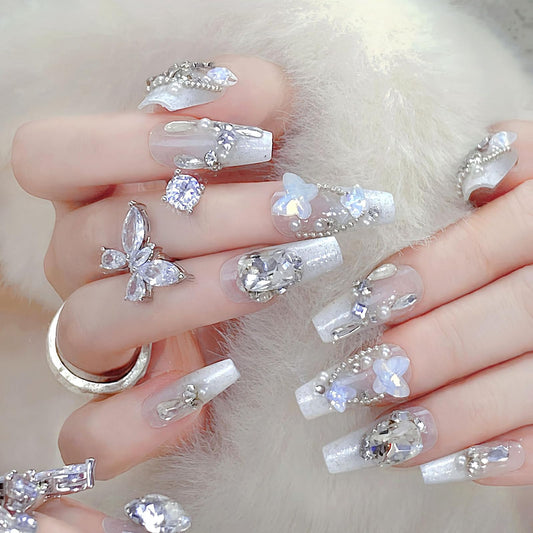 MISUD Press on Nails - Long Coffin Fake Nails with White Rhinestone, Acrylic Handmade Design 24 pcs