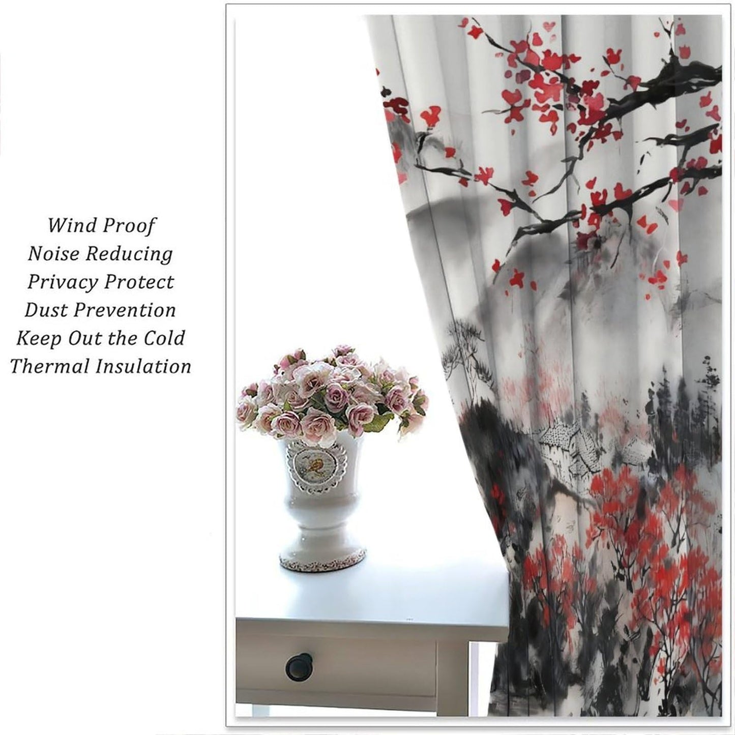 YSWOW Asian Curtains, Japanese Traditional Ink Nature Landscape Cherry Blossoms Art Printed Window Drapes for Bedroom Living Room Kitchen Decor Fabric 2 Panel 42x45 Inch 30% Shading Rate