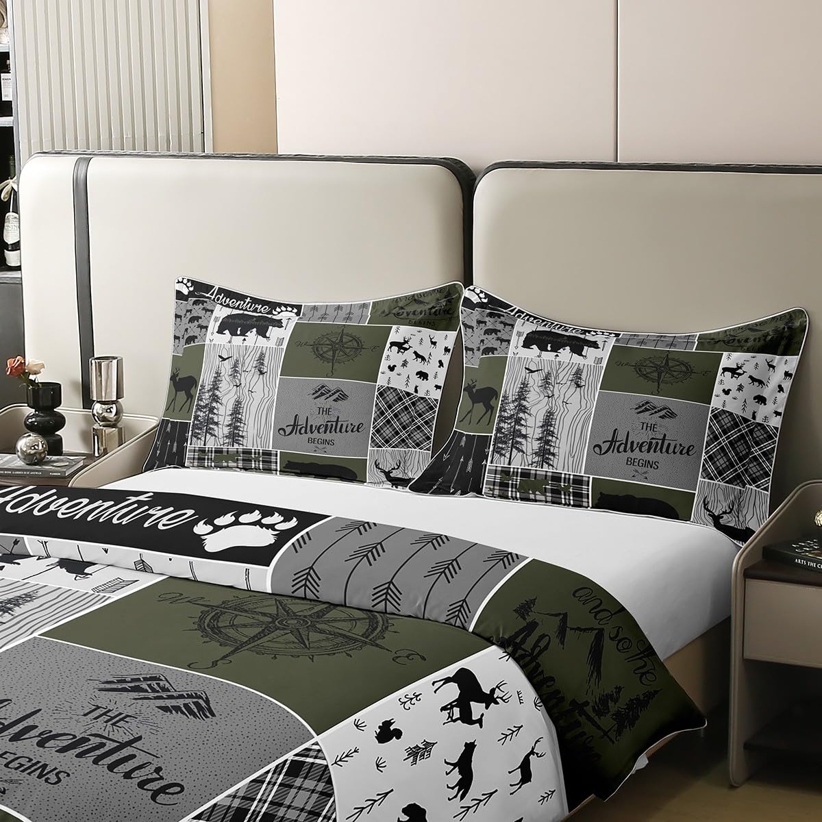 Erosebridal Retro Farmhouse Cabin 100% Cotton Duvet Cover Queen Size Rustic Bear Deer Bedding Set for Boys Teens Adult Bedroom Camping Lodge Decor Comforter Cover Plaid Hunting Animal Bedclothes