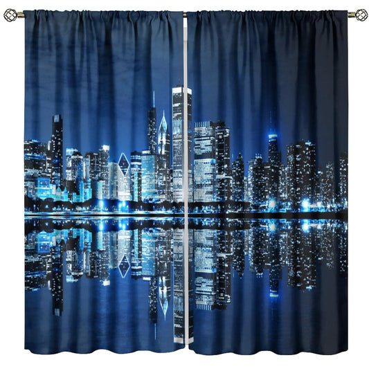 AAVEUP New York Night Curtains, 3D Ocean Manhattan City Architecture Neon Light Scenery Decor Window Treatments, Thermally Insulated Rod Pocket Drapes for Boys Girls Bedroom Living Room 42x45in