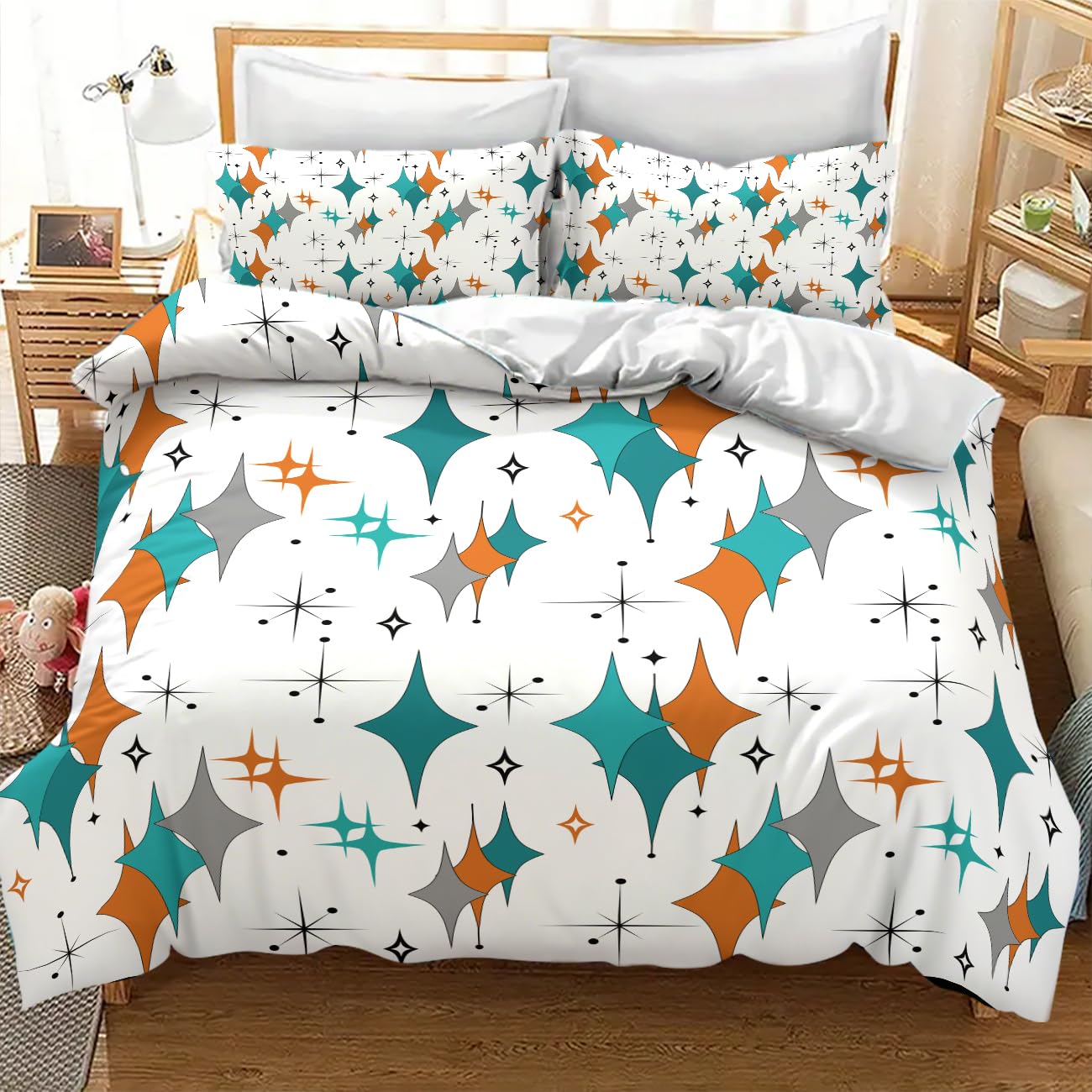 Lnepty Mid Century Bedding Set,Modern Orange Blue Abstract Atomic Geometric Pattern Retro 1950s 1960s Style Comforter Set with Pillowcase for Bedroom Bed Decor，Twin 86"x70"
