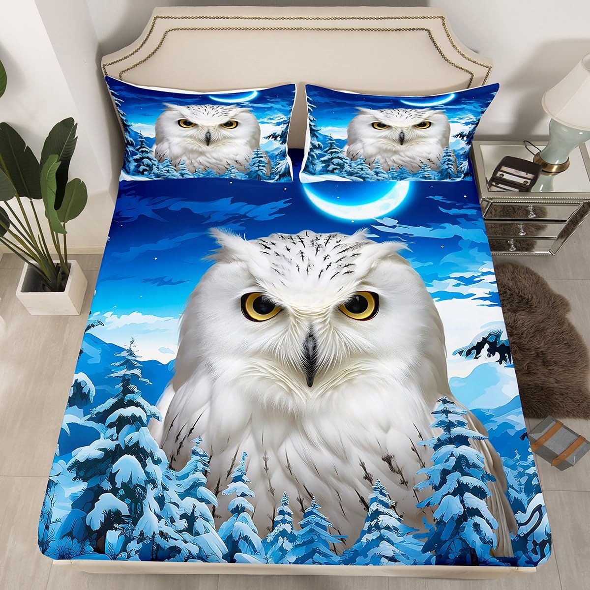 Cute Owl Bedding Set White Bird Bed Sheet Set for Kids Boys Girls Children Moon Stars Snow Trees Fitted Sheet 3D Wild Animal Printed Bed Cover No Flat Sheet Blue Room Decor Full Size 3Pcs