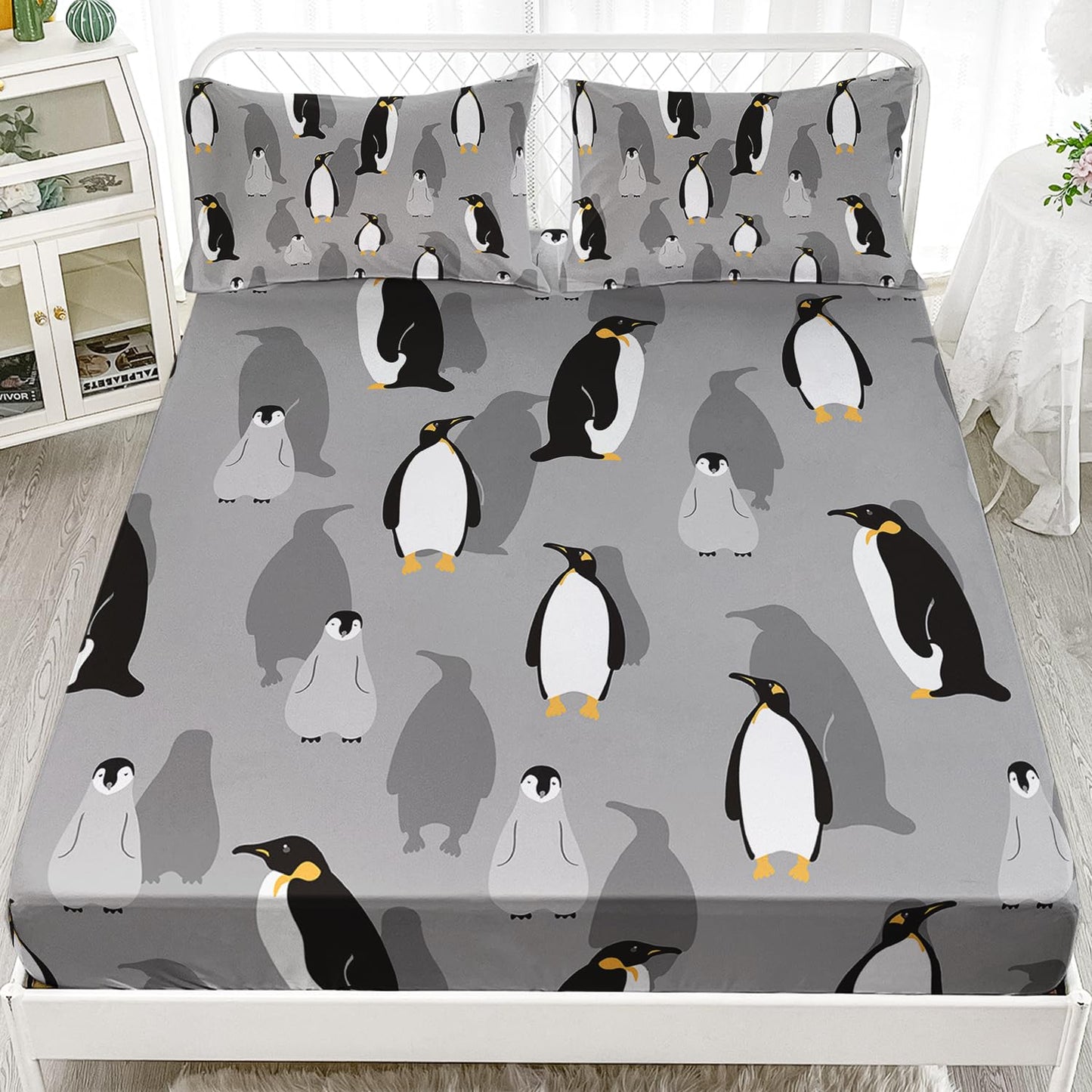 XYNHML Cartoon Penguin Fitted Sheet 3Pcs Twin Antarctic Wild Animal Bedding Set for Kid Teen Girl Boy Adult Grey White Black Safari Penguin Sheet Decor with 1 Fitted Sheet+2 Pillowcases No Flat Sheet