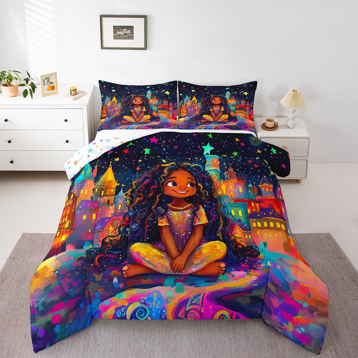 jejeloiu Kids Cute Black Girl Comforter Set Queen Size Castle Star Print Bedding Set for Boys Girls African American Girl Duvet Set Quilt Set,1 Comforter+ 2 Pillow Shams（No Glitter）
