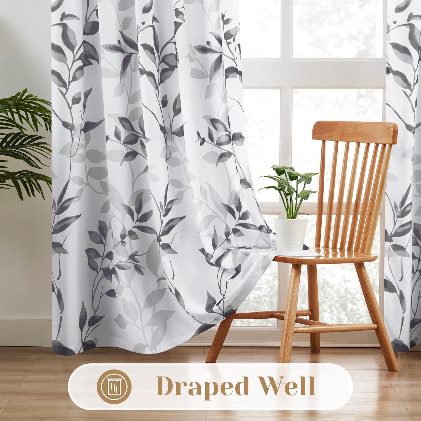 HOMEIDEAS Non-See-Through Light Grey and White Privacy Sheer Curtains 52 X 63 Inch Length 2 Panels, Leaf Floral Printed Light Filtering Semi Sheer Window Curtains Drapes for Bedroom Living Room
