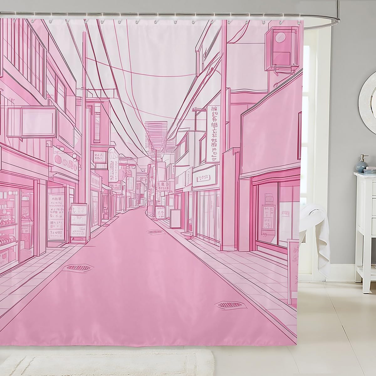 jejeloiu Girls Tokyo Street Shower Curtain 72"x72" Pink Japanese Street Bath Curtain for Boys Teens Traditional Retro Bathroom Shower Curtain Set Waterproof Japanese Ukiyoe Kids Bathroom Accessories