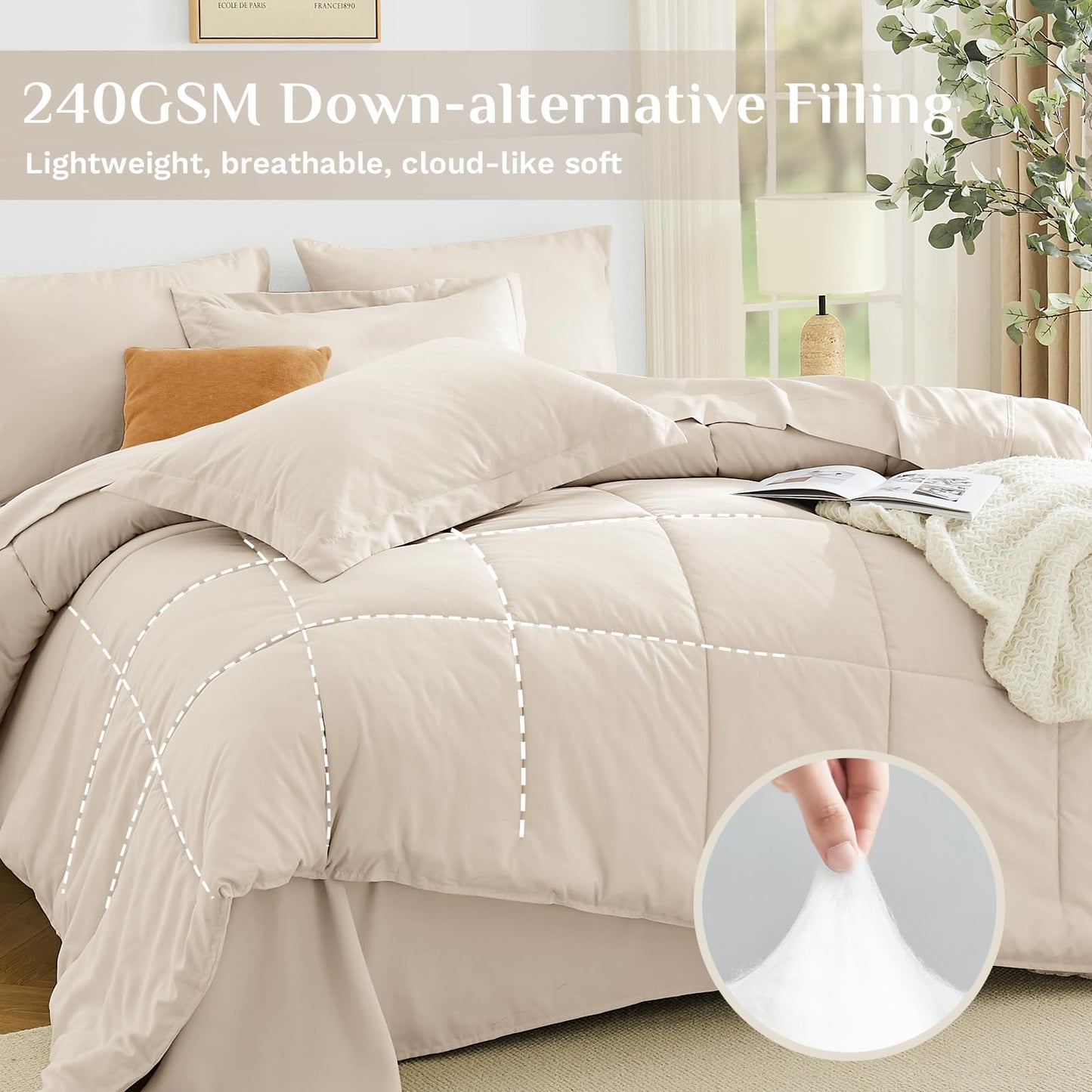 JOLLYVOGUE Queen Comforter Set, Ultra-Soft Bed in a Bag Queen Size 7 Pieces, Oeko-TEX Certified Bedding Set with Down Alternative Comforter, Sheets, Pillowcases & Shams, Beige
