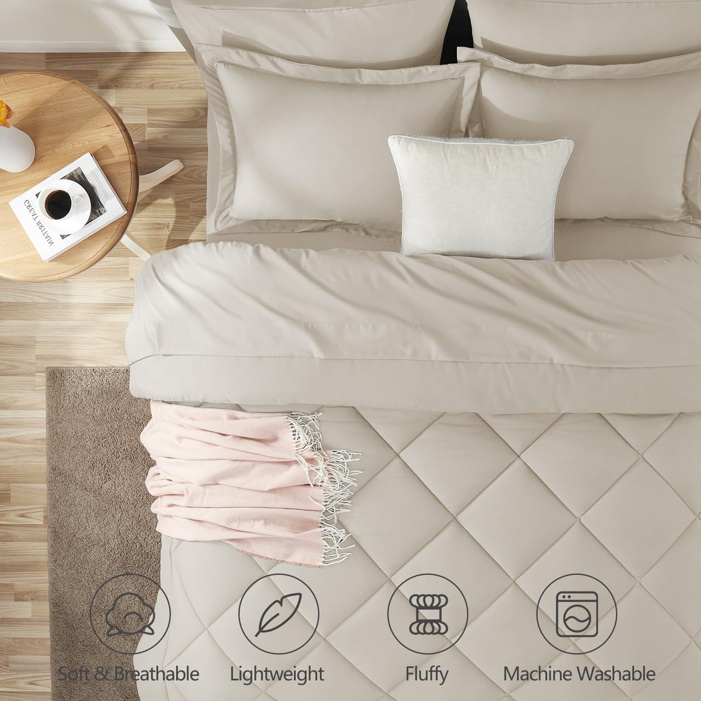 CozyLux Queen Comforter Set Beige - Bed in a Bag Queen Size 7 Pieces, Luxury Soft Bed Set for All Seasons, Bedding Set with Down Alternative Comforter, Sheets, Pillowcases & Shams